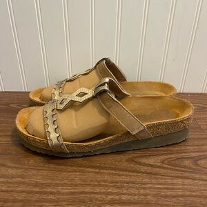 Naot Tan and Gold Leather Slide Sandals